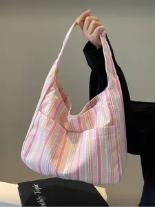 Women's Dopamine Handbag, Large Capacity Shoulder Bag, Casual Striped Cloth Handbag, Stylish Daily Use Accessory