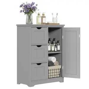 Zeny Grey Wooden Floor Cabinet - Configurable, Dual-Compartment, Durable, Easy-Open, Eco-Conscious Side Storage Organizer with 3 Drawers for Bathroom Indoor Furniture, Configurable Floor Cabinets, Dual-Compartment Floor Cabinets