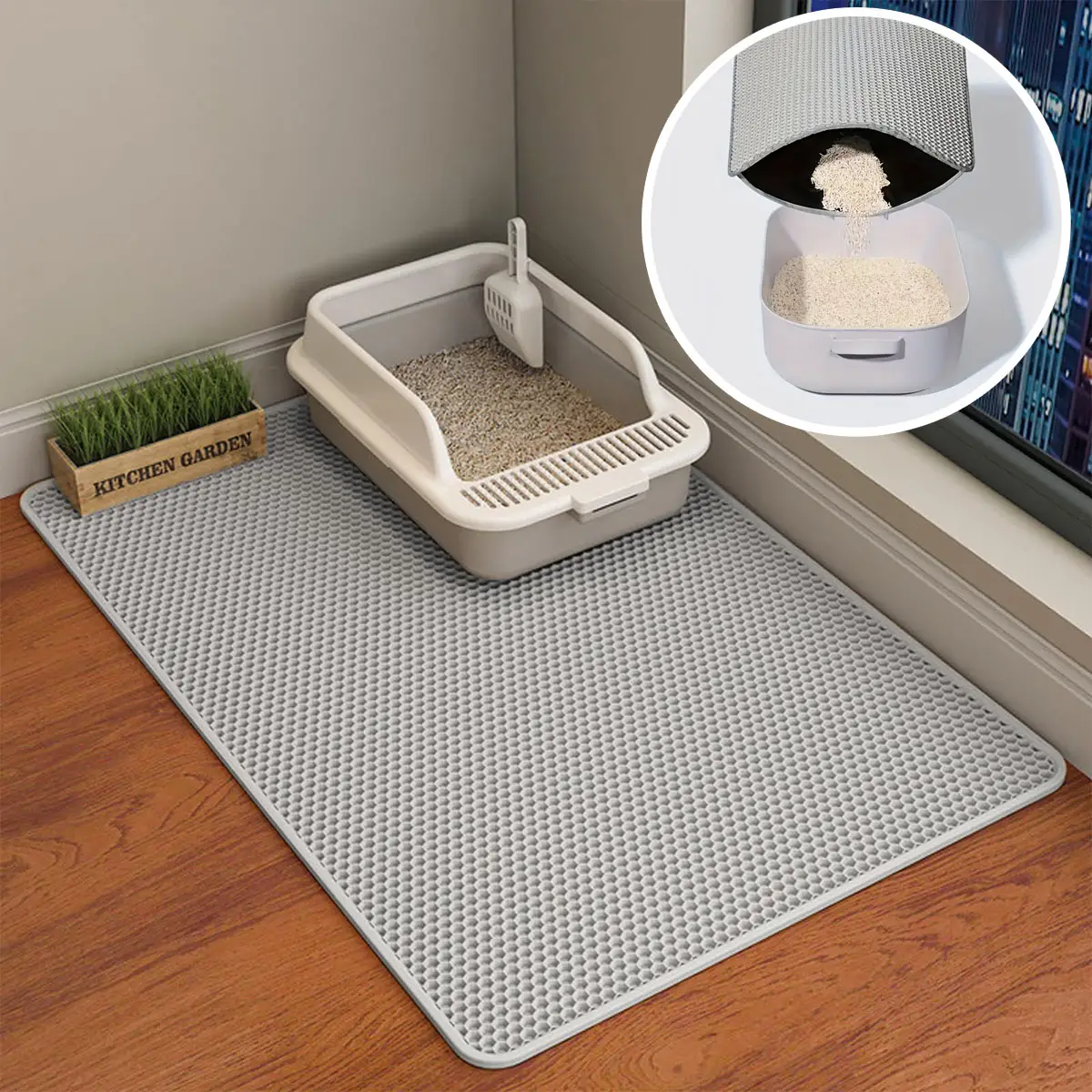 Cat Litter Mat, 35x24/24x18 Inch Double Layer Cat Litter Box Mat, EVA Non-Slip, Waterproof Urine Proof Cat Litter Catcher Mat, Easy Clean Scatter Cont