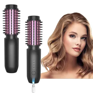 Cordless Curling Iron Brush, 7000mAh Rechargeable Heated Round Brush Curling Wand 1.5 Inch, Negative Ionic Curling Brush Iron with 4 Temps, Mini Portable Hot Comb for Women Electrical Comfort