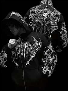 1 piece of men's long sleeve hooded sweatshirt with dark metal style, thorn print and zipper, loose and breathable streetwear sports jacket, suitable for gym, fitness training and street outings, Graphic Hoodies