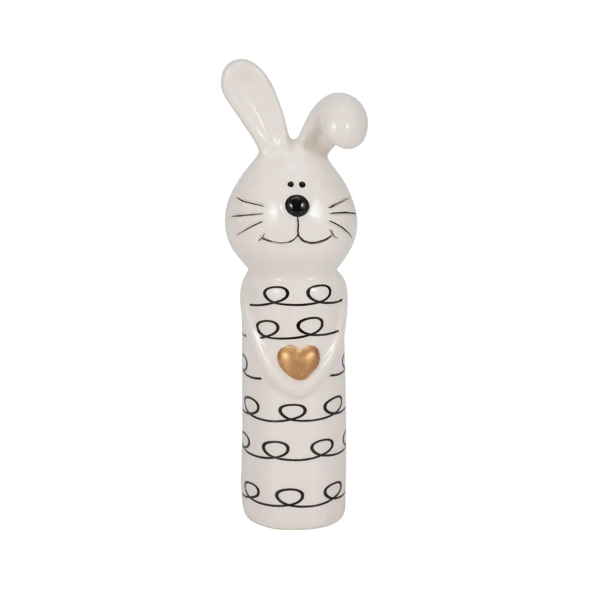212 MAIN 7 in. Ceramics Squiggly Bunny Decorative Figurine - White & Black Home Decor Ornament, Gold Heart Accent, Miniature Statue