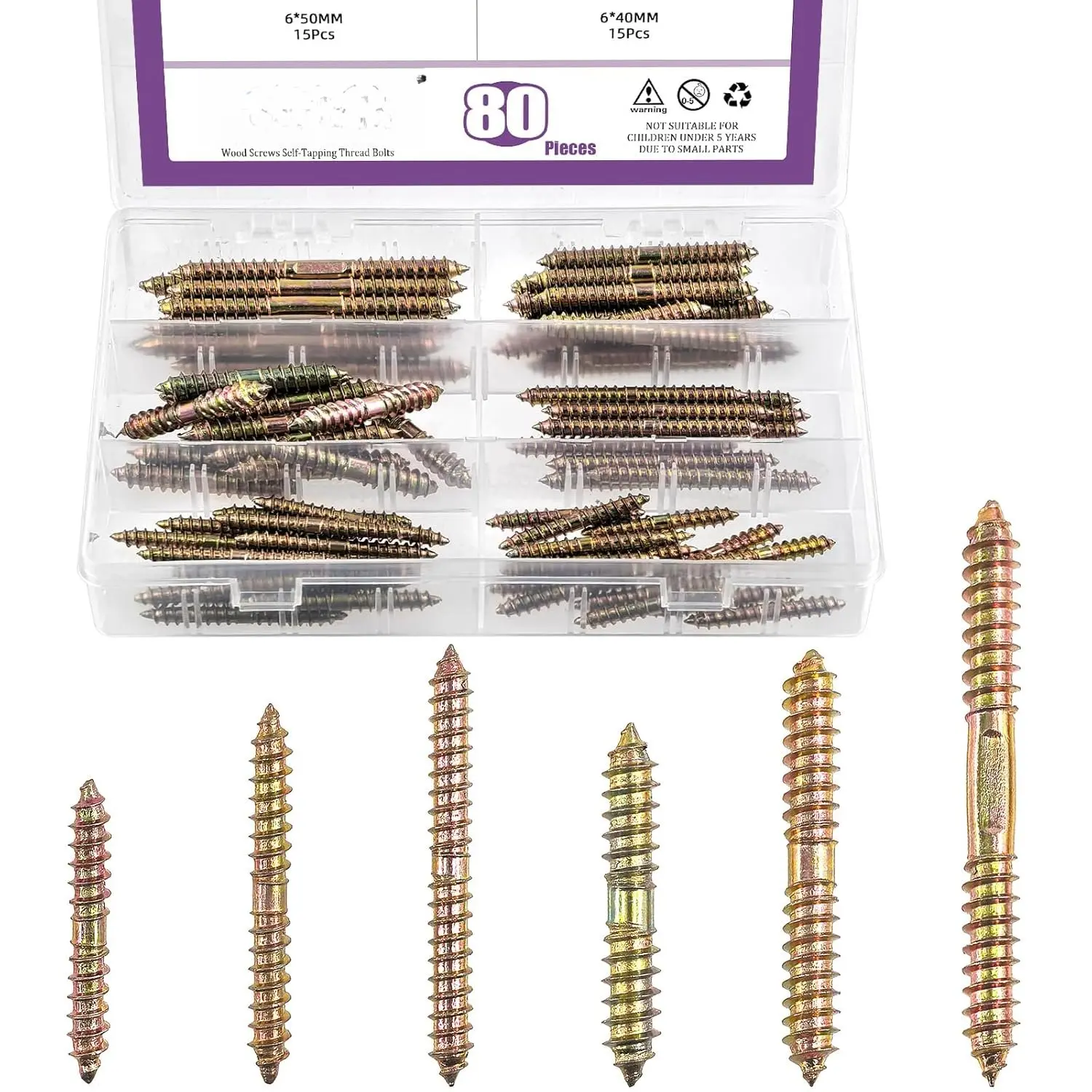 80 count 6 Sizes M6 M8 Color Zinc Double  Ended Screws Assortment Kit, Double Ended Screws,  Dowel Screw, Self Tapping Threaded  Hanger  for Woodworking Furniture Connecting