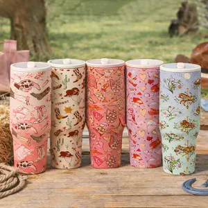 AuraCup 1pc 40oz Insulated Tumbler with Handle and Lid, Western Cowgirl Boots Hats Carousel Horse Pattern Stainless Steel Tumbler Cup, Double Wall Vacuum Travel Mug for Coffee Tea Water, Keeps Cold 12 Hours Hot 6 Hours, Gift for Cowgirl Western Lovers, Va