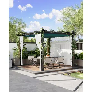 OP-10x10 Ft Pergola, Outdoor Pergolar, Retractable Pergola with Adjustable Blue Canopy, 4 White Curtains, Small Patio Pergola Canopy, Weatherproof Aluminum Pergola for Garden BackyardPartiesBeachCamping