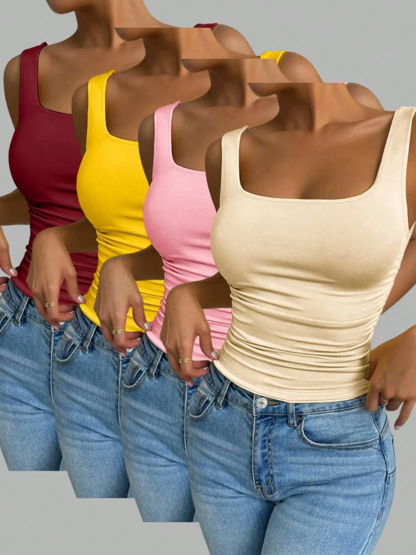 Simple Solid Color Square Neck Ruched Tight Fit Inner Layer Outer Wear Vest Set, Four-Piece Fashionable Undershirt for Women