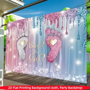 2DFlat1 piece of pink and blue glitter gender reveal theme banner, with baby footprints and Boy?&Girl? elements, suitable for baby showers, baby gender reveal events, and newborn celebration decorations