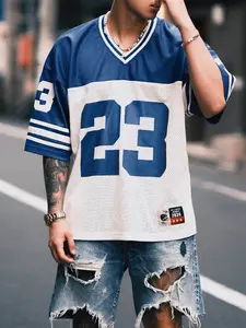 Men’s American-style new street sports T-shirt with numeric letter print, mesh fabric, loose fit, breathable pullover design, casual short-sleeve top.Summervibes