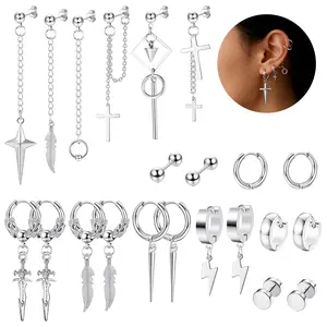 22PCS Unisex Punk Hip Hop Stainless Steel Silver Black Gold Tone Lock Thunder Lightning Bolt Dangle Huggie Hoop Earrings Gift for Women Men Boy Teens