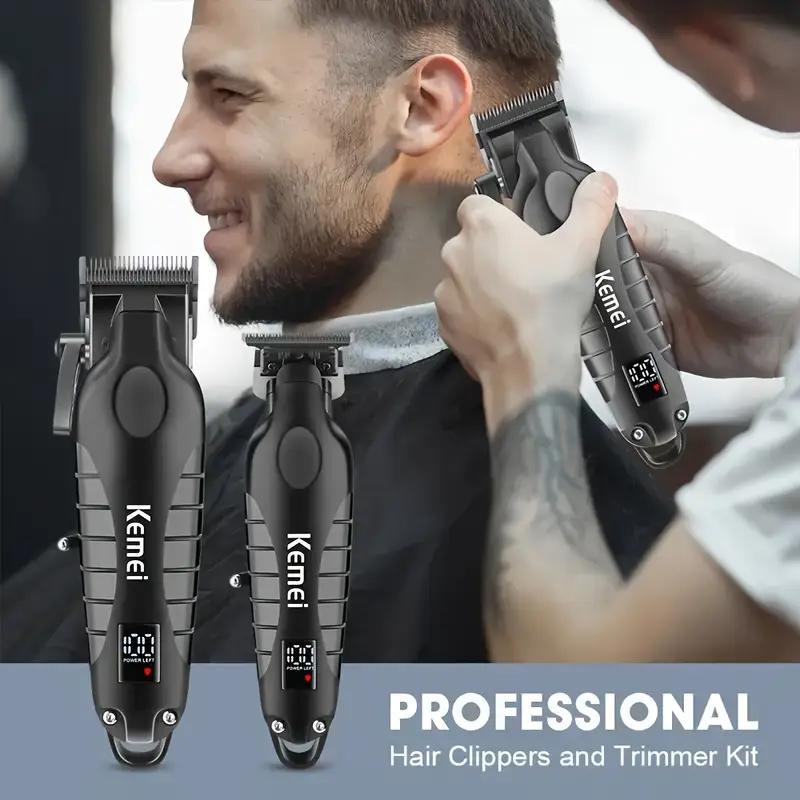 Kemei 2 Pieces 1 Set Professional Cordless Hair Clipper and Trimmer Kit 2290 2293 Rechargeable Lithium Battery Haircut Machine Barber Fade Clipper Zero Gap T Blade Trimmer Taper Grooming Tool for Men Home and Salon
