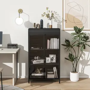 27.55"L*15.74"W*47.63"H Antique Black Rectangular Industrial Metal Storage Cabinet, Steel & Tempered Glass Freestanding Cabinet with Flip‑Top Magnetic Glass Doors Adjustable Feet for Kitchen Living Room Home Office