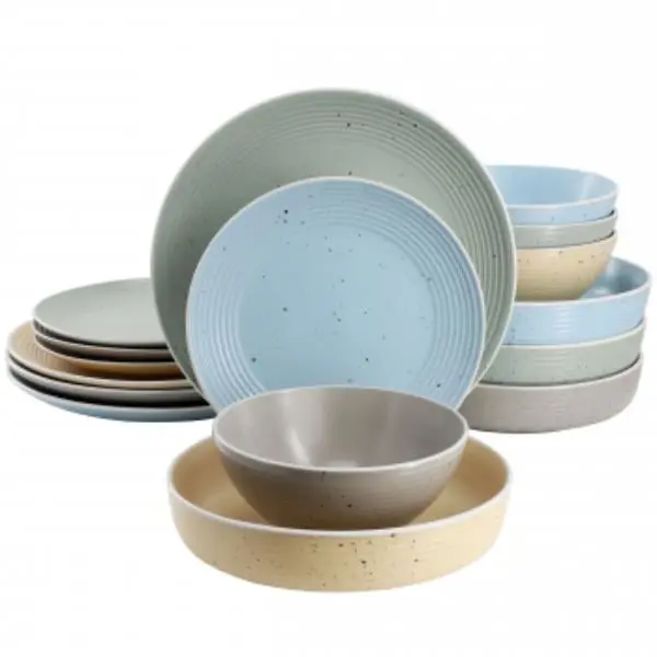 Elama ELM-EMILIA-AST Emilia Assorted Double Bowl Sto are Dinnerware Set in Speckled Multi-Color - 16 Piece
