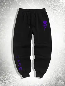 Men's Autumn Winter Rose Pattern Print Drawstring Sport Pants, Outdoor Casual Fitted Sweatpants, Versatile Comfortable Joggers, Tracksuit Pants, Casual Sports Trousers