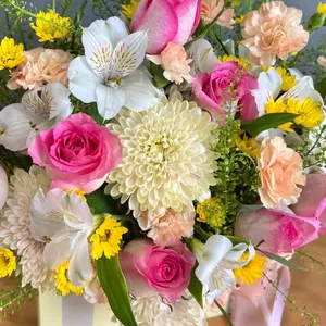 Lemon Zest Blooms - Vibrant Yellow Daisies Soft Peach Carnations Delicate White Alstroemeria Bold Pink Roses in Striped Envelope Box Floral Arrangement