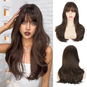 Long Wigs with Bangs, 22Inch Synthetic Natural Looking Layered Straight Hair Replacement Wig for Girls Women Daily Party Use Natural Looking（Brown）