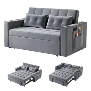 Explorinox 3-in-1 Convertible Sofa Bed Velvet Loveseat Sleeper with Adjustable Backrest Cup Holders Side Pockets USB Ports 2 Pillows Grey for Living Room