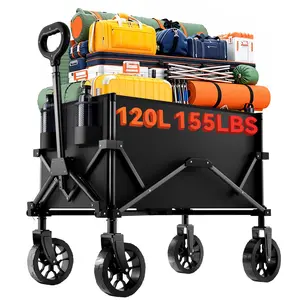 120L Heavy Duty Collapsible Wagon Foldable Portable Garden Cart All-Terrain Wheels for Camping, Beach & Grocery Runs 155LBS Load Capacity 600D Oxford Fabric