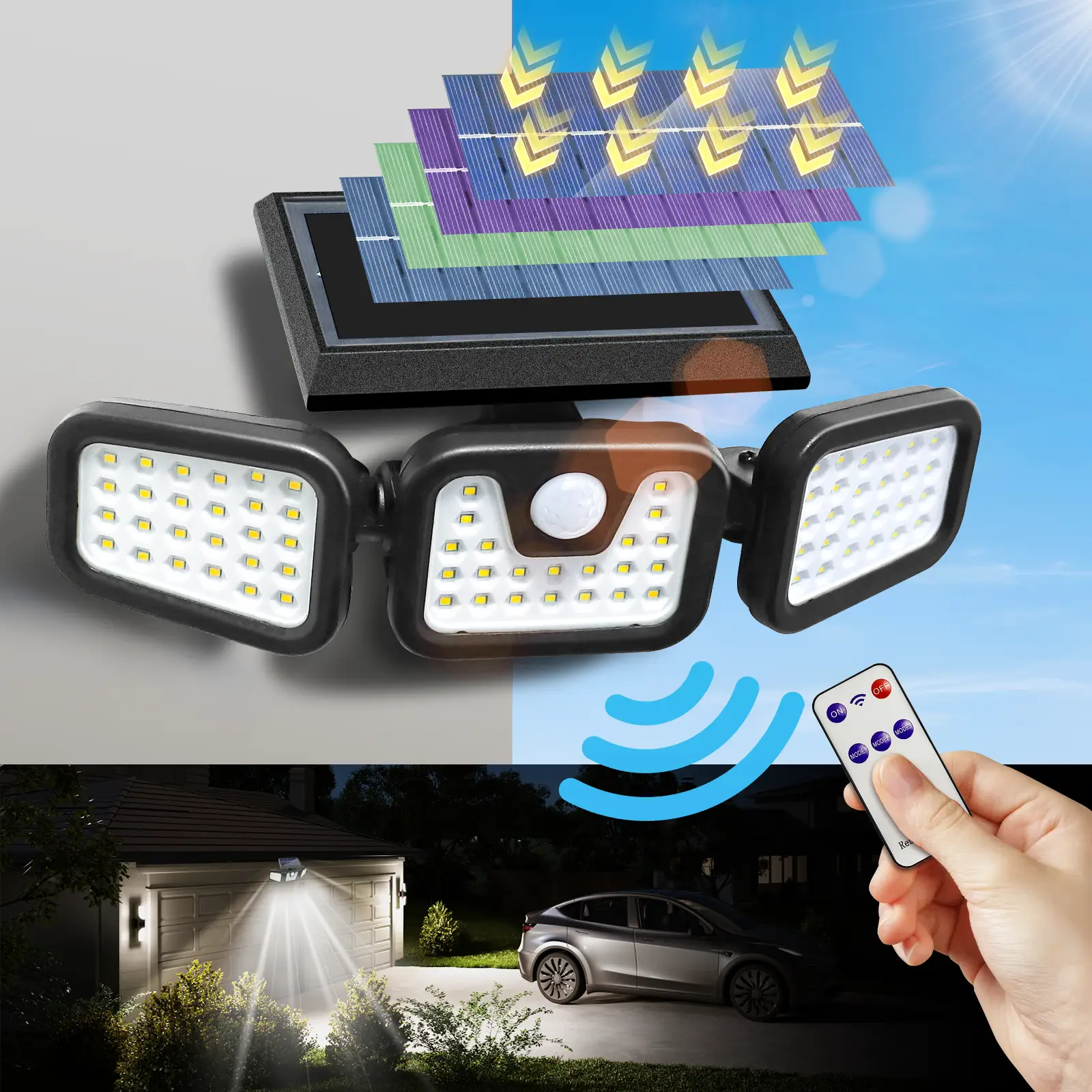 Super Bright Solar Outdoor Motion Sensor Security Lights – 210LED IP65 Waterproof 3-Head Wide Angle Flood Lights with Remote Control, 3 Modes for Yard