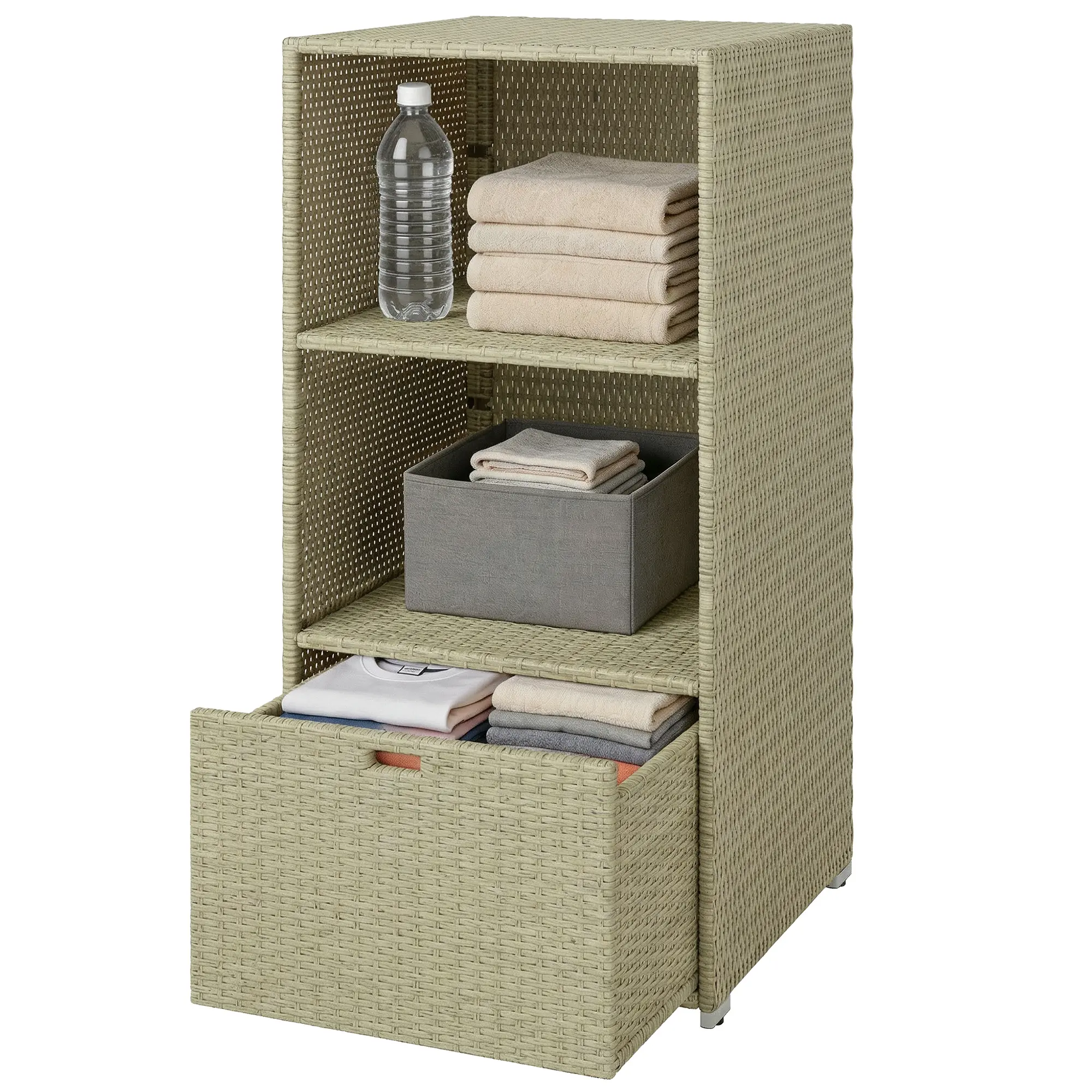 Outdoor Pool Towel Storage Organizer with Pull Out Basket Drawer for Sunscreen and Goggles Two Open Shelves for Fresh and Dirty Towels by Hot Tub or Beachfront