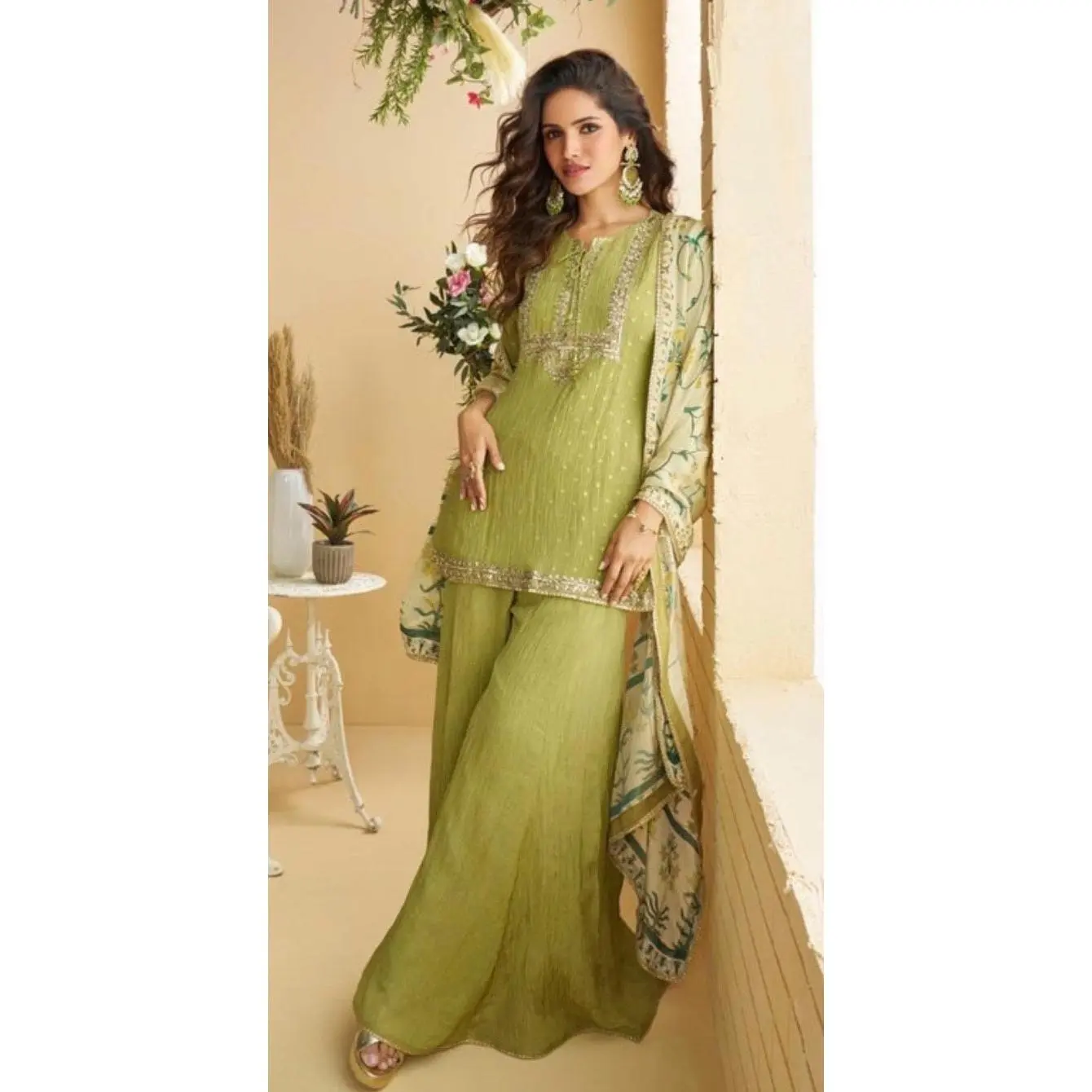Premium Chinon Silk Embroidered Palazzo Suit Set with Dupatta