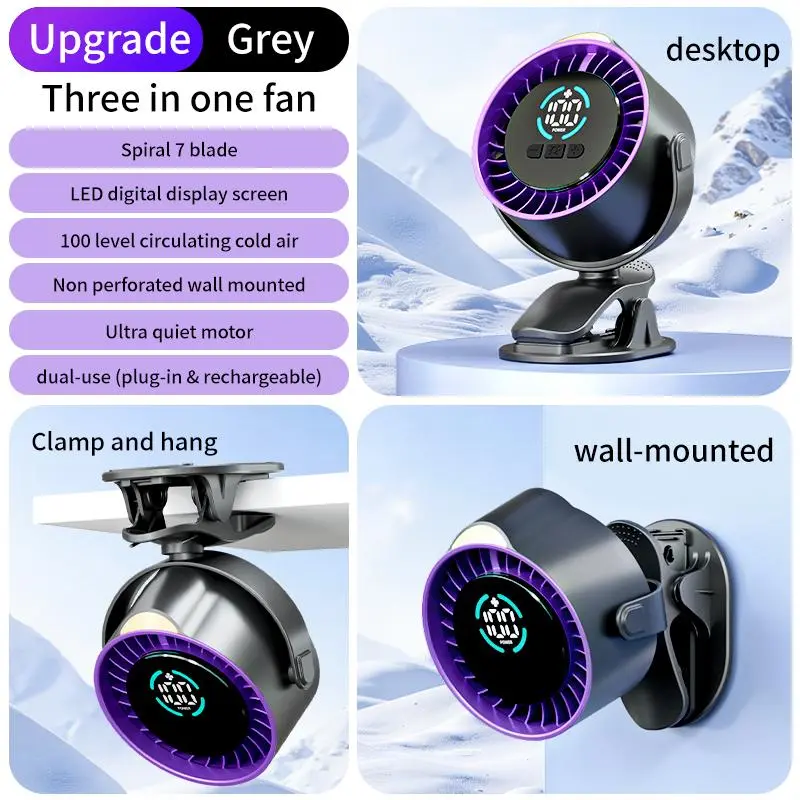 【Summerfinds】Mini USB Desk Fan with LED Display, 100 Speed Settings Clip Fan, Wall Mount Small Circulation Fan, Quiet 36dB, Type-C Rechargeable, 1200mAh Battery