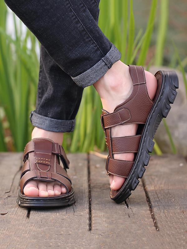 Men's Casual Plain Velcro Sandals, 2024 Fashionable Summer New Open Toe Sandals for Summer, Lightweight Breathable Comfortable Shoes for Daily Wear