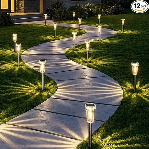 DERAYSION Upgraded Solar Powered Outdoor Pathway Lights (8/12 Pack), Dusk-to-Dawn Auto On/Off, 100% Waterproof, 360° Starburst Glow Warm White LED Lights, 3.5h Sun Charge, Frost/Heat Safe, 10h Continuous Glow, No Wiring for Yard Walkway Decor