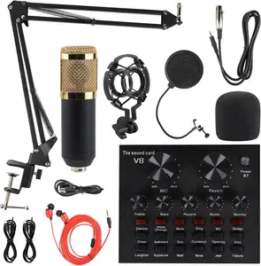 MorTime Condenser Microphone Bundle, Live Sound Card, Adjustable Boom Arm, Shock Mount, Metal Mic Pop Filter, Sponge Pop Filter Cover, Earphone, Audio Cables and Power Cable, Set of 11 Mic Kit