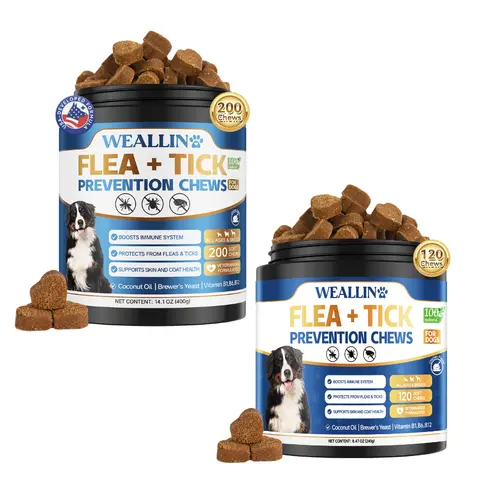 WEALLIN Dog Flea & Tick Support Chews - 120/200 Soft Chews Bottle Pack, Natural Oral Vitamin-Infused Supplement with Coconut Oil & Flaxseed, 3-Month Daily Use for Universal All Breeds & Sizes Gentle Skin & Coat Health