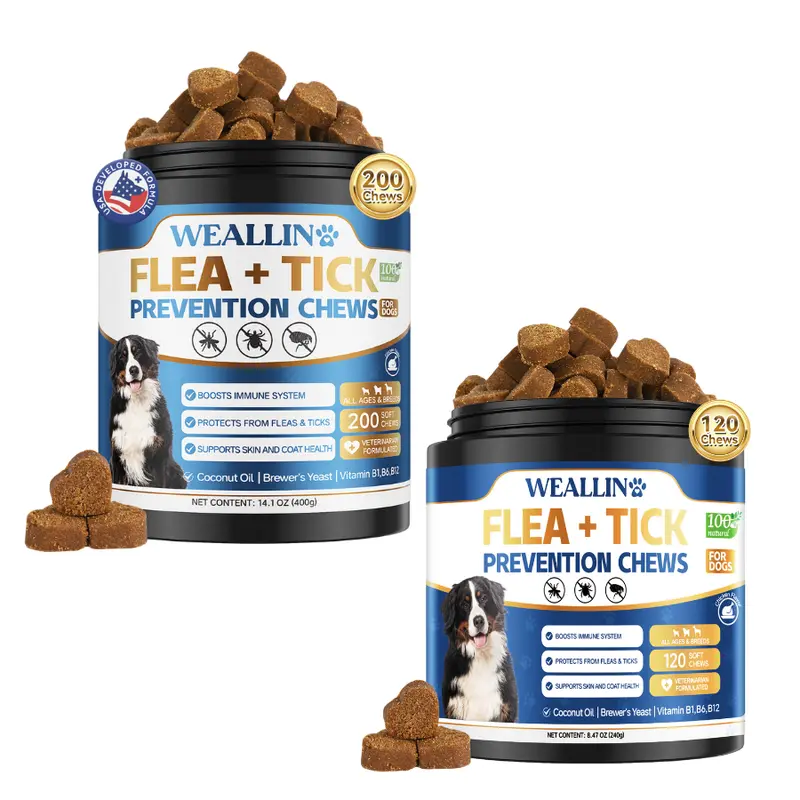 WEALLIN Dog Flea & Tick Support Chews - 120/200 Soft Chews Bottle Pack, Natural Oral Vitamin-Infused Supplement with Coconut Oil & Flaxseed, 3-Month Daily Use for Universal All Breeds & Sizes Gentle Skin & Coat Health