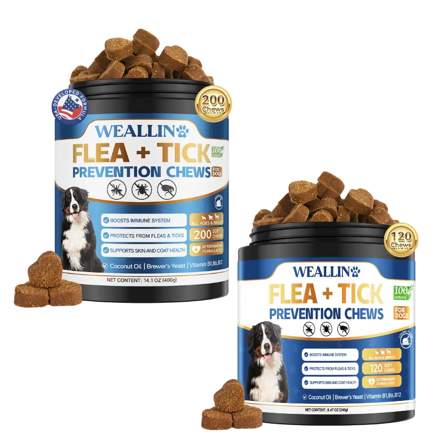WEALLIN Dog Flea & Tick Support Chewables - 120/200 Soft Chews Bottle Pack, Natural Oral Supplement with Coconut Oil & Flaxseed, Vitamin-Infused for Daily Use Skin & Coat Health, All Breeds & Sizes, Skin Health, Gentle Action