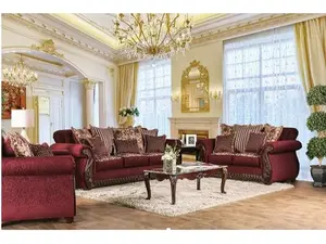 SM6110 Tabitha Wine Chenille Dark Cherry Wood Trim Traditional Sofa and Love Seat Set