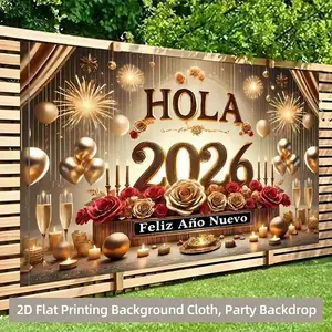 1pc 2D Flat Spanish New Year 2026 Party Banner - Happy Feliz Anó New Year Decoration with Golden Fireworks, Red Roses - Elegant Polyester Backdrop for Wedding, Birthday, Christmas, Valentine'S Ornaments White