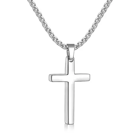 Cross Necklace for Men, Silver Tone Mens Cross Necklaces with 2.5mm Cross Chain, 316L Stainless Steel Wheat Chain, 16-24 Inch
