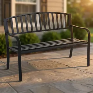 50 Inch Patio Garden Bench Outdoor Metal Park Bench Loveseat Black Powder Coated Steel Cast Iron Frame 500lbs Heavy Duty Weatherproof Rust Resistant Slatted Seat for Porch Backyard Deck Lawn Poolside Seating Easy Assembly
