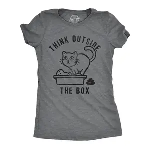 Womens Think Outside The Box Funny Cat T-Shirt Hilarious Graphic Cool Saying Top Funny Womens T Shirts Cute Vintage Fashion Casual Ladies T-Shirt Gift Adult Humor Tops for Women Funny Cat Top Women's Novelty Dark Grey