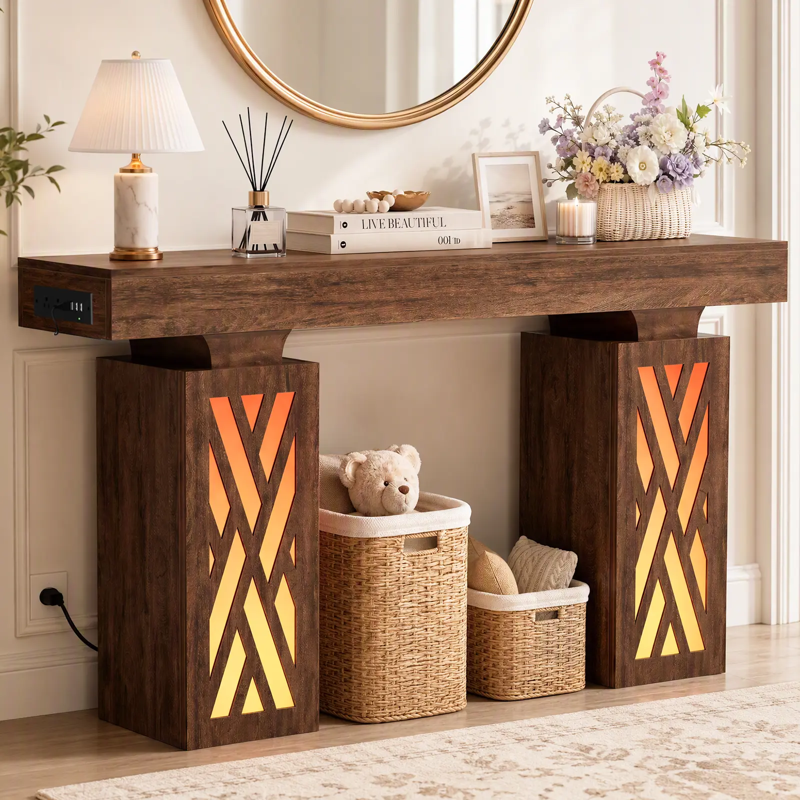 63 Inch Long Entryway Table with LED & Outlets – Thick 4.1" Top 400+ lbs Sofa Console Table for Entrance, Hallway, Foyer, Behind Couch, Reversible Charging Station