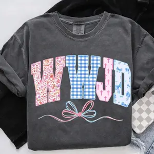 Comfort Colors WWJD Christian Pastel Floral Faith Graphic Tee Coquette Bow Bible Verse Jesus Inspired Shirt