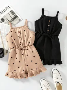2-Pack Girls' Striped Halter Jumpsuit, Button Front Waist Tie Hem, Casual Vacation Home Wear, Slim-Fitting Knit Jumpsuit