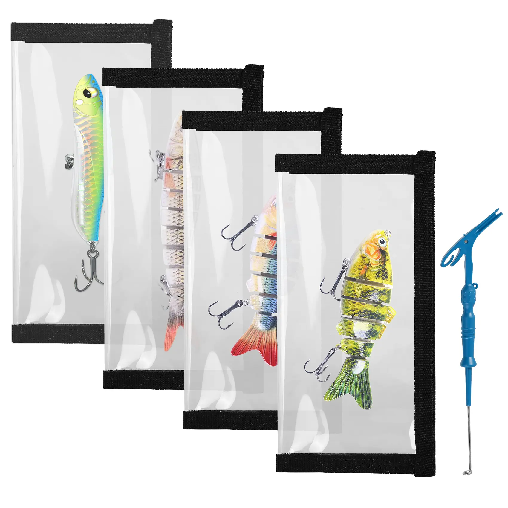 Fishing Lure Wraps with Hook Remover Tool, 4 Pack 7.87" x 3.94" Puncture-Resistant Clear PVC Bait Covers, Safe Fishing Hook Storage Protectors with Multifunctional Fish Hook Disgorger & Tyer