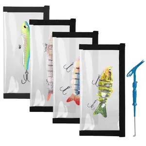 Fishing Lure Wraps with Hook Remover Tool, 4 Pack 7.87" x 3.94" Puncture-Resistant Clear PVC Bait Covers, Safe Fishing Hook Storage Protectors with Multifunctional Fish Hook Disgorger & Tyer