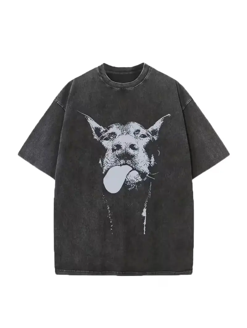 Women's Retro Doberman Graphic Vintage Washed Cotton Short-Sleeve T-Shirt - Casual Relaxed Fit Round Neck Streetwear Tops, Everyday T-Shirts, Washed Cotton Tee-Black1, Shortsleeve, Streetwear Clothing, Streetwear For Women