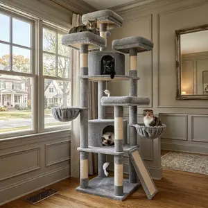 Deskat F80H Inch Cat Tree for Large Cats, Two Condos, Hammocks, with Sisal Posts