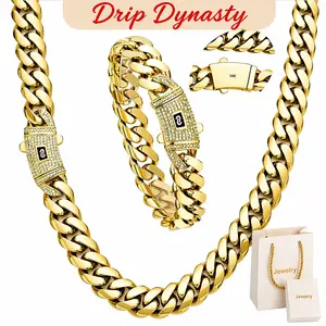 14K Gold-Plated Cuban Bracelet & Necklace Set, Gift Box Included, Anti-Rust Technology, Waterproof, Fade-Proof, Hypoallergenic, 6-14mm Statement Size, Standard Durability, Timeless Shine for Boss Look, Valentine's Day Gift,summervibes