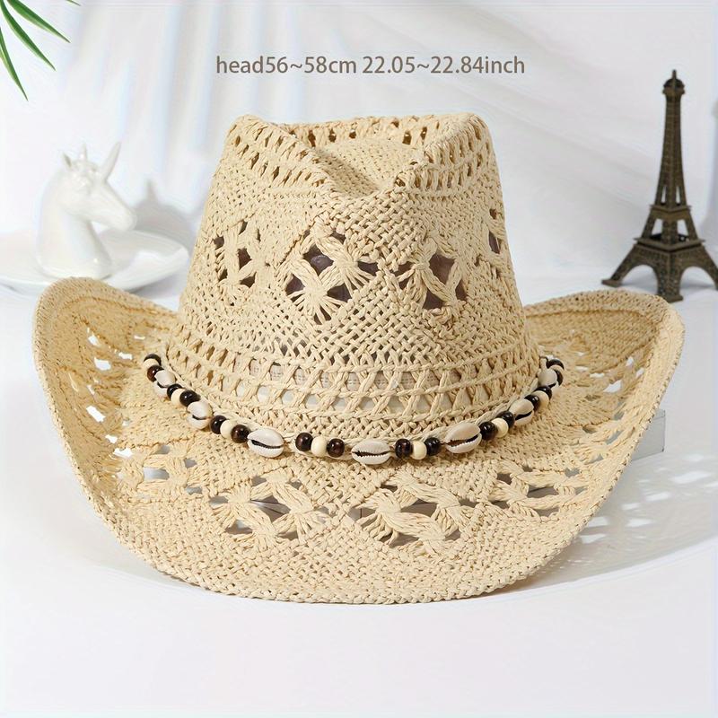 Raffia straw hat for women, large head circumference, summer vacation style, openwork design, denim-style sun hat, also suitable for men.