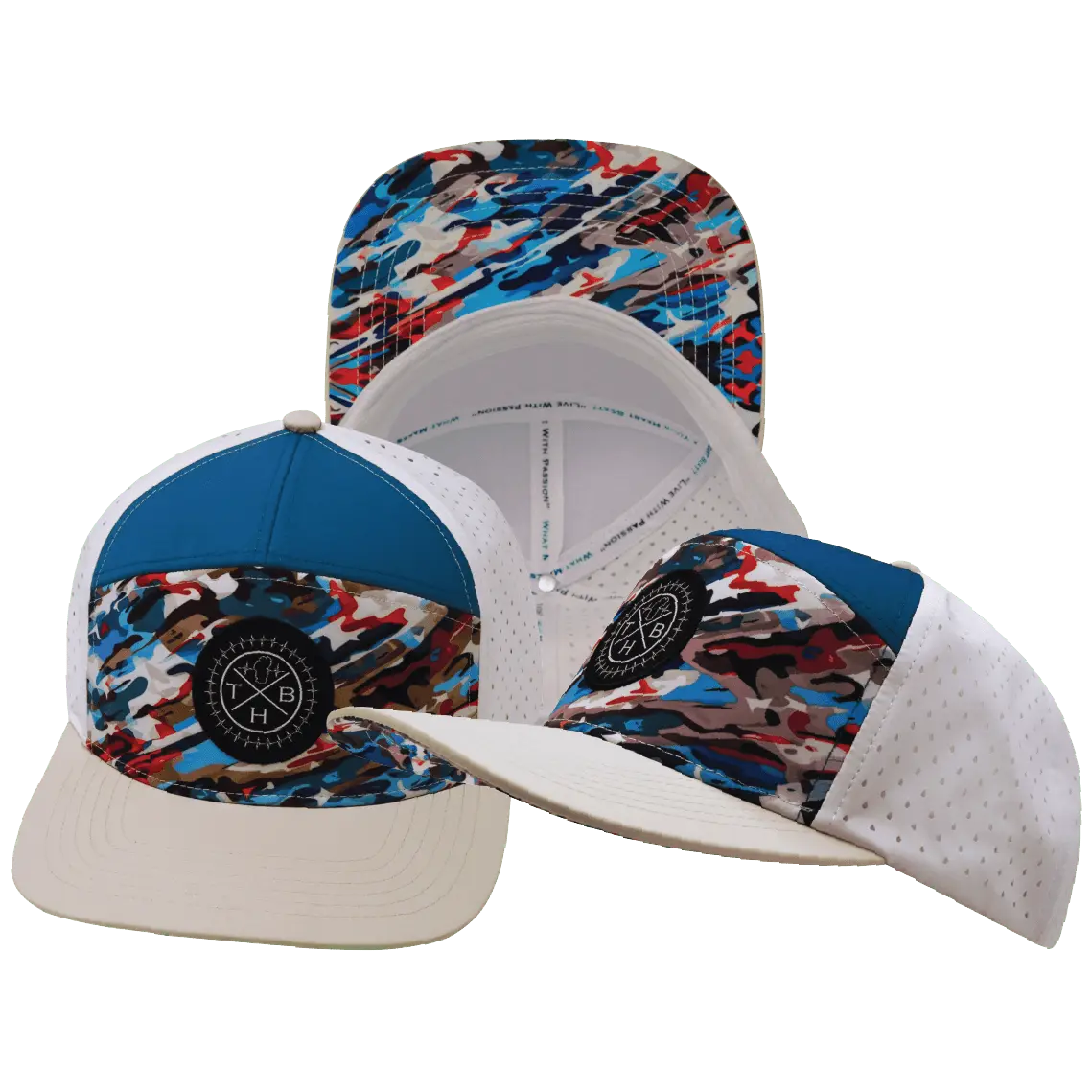 Snapback Hat with Flat Bill, Cream & Blue Color Block Design, Adjustable OSFM Fit with Mesh Back for Daily Outdoor Adventures, Snap, Baseball Cap, Breathable