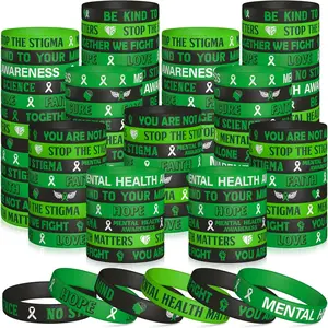 Mental  Awareness  Bracelets Set,Mental  Hope Green Ribbons Rubber Stretch Wristbands, Motivational Rubber Bracelet with Inspirational Message for Men Women Teens (120Pcs)