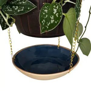 Two-Toned Plant Catch Tray Decorative Drip Tray with Chain Midnight Blue or Seafoam Green Color for Plant Care