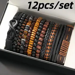 12-piece Retro Men's Bracelet Set - Braided Leather, Tiger Eye And Moonstone Beads, Synthetic Fiber Rope, Stylish Jewellery For Casual And Party Wear Fashion accessories