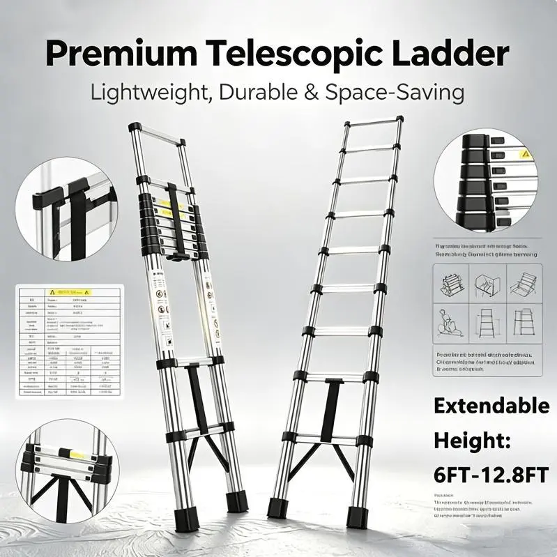 Telescoping Extension Ladder, Heavy-duty Metal Extension Ladder, 330 Lbs Load Capacity, EasyTo Install And Store, Multi-purpose Folding Telescopic Ladder, Can Be Used for Roof Repair, Household Moving And Outdoor Work